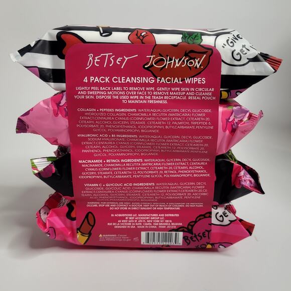 Betsey Johnson 4 Pack Cleansing Face Wipes Collagen Peptides 120 Wipes Total NIP - Picture 5 of 6
